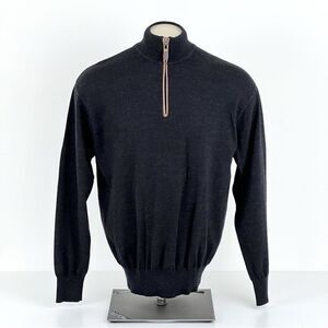 Orvis Wool Quarter 1/2 Half Zip Pullover Sweater Brown Leather Trim XL